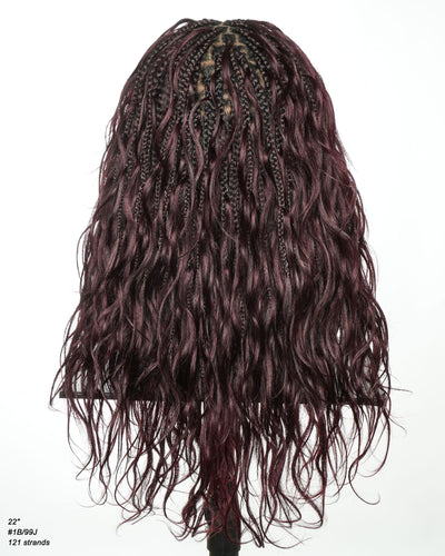 Michelle - Dark Burgundy Human Hair Curls Swiss HD Full Lace Boho Box Braided Wig