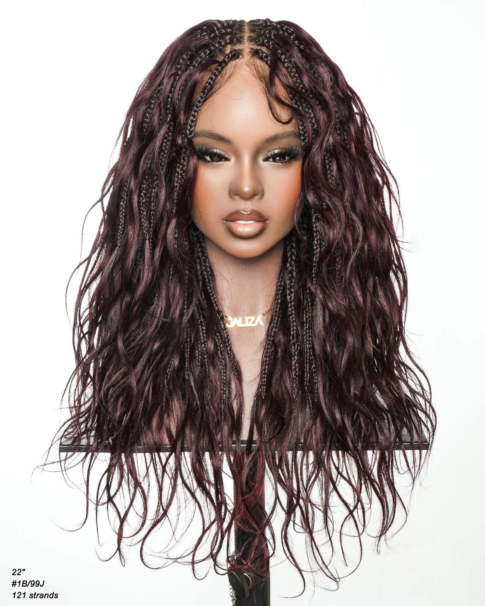 Michelle - Dark Burgundy Human Hair Curls Swiss HD Full Lace Boho Box Braided Wig