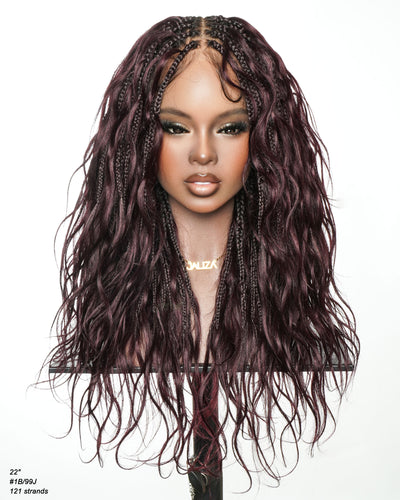 Michelle - Dark Burgundy Human Hair Curls Swiss HD Full Lace Boho Box Braided Wig
