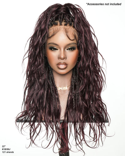 Michelle - Dark Burgundy Human Hair Curls Swiss HD Full Lace Boho Box Braided Wig
