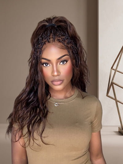 Michelle - Salon-Style Glueless Miracle Braided Wig Pre-Bleached Swiss HD Full Lace Boho Box Braids Bora Bora Human Hair Body Wave Curls