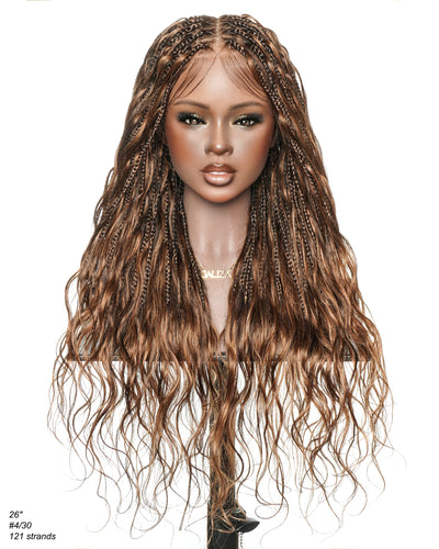 Michelle - Salon-Style Glueless Miracle Braided Wig Pre-Bleached Swiss HD Full Lace Boho Box Braids Bora Bora Human Hair Body Wave Curls