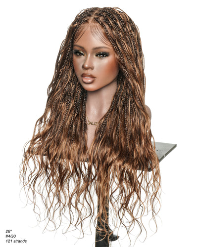 Michelle - Salon-Style Glueless Miracle Braided Wig Pre-Bleached Swiss HD Full Lace Boho Box Braids Bora Bora Human Hair Body Wave Curls
