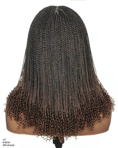 Tina - Senegalese Mini Twist Braided Wig 14" Full Hand-tied HD Lace With Curly Ends - Human Baby Hair