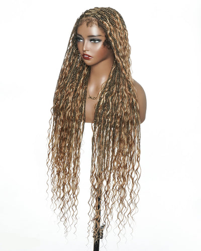 Blend Color #1B&30&27&613 HD Full Lace Knotless Human Hair Boho Curls Box Braided Wig