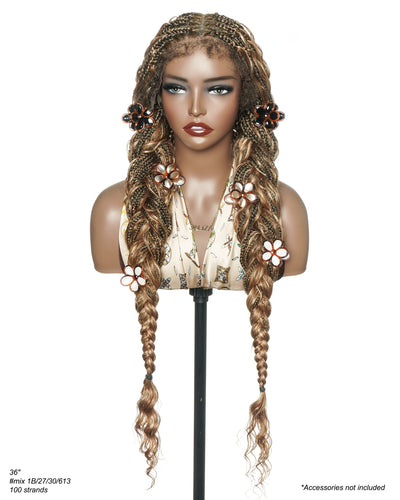 Blend Color #1B&30&27&613 HD Full Lace Knotless Human Hair Boho Curls Box Braided Wig