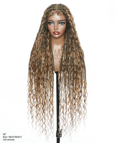 Blend Color #1B&30&27&613 HD Full Lace Knotless Human Hair Boho Curls Box Braided Wig