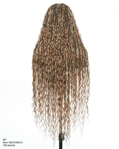 Blend Color #1B&30&27&613 HD Full Lace Knotless Human Hair Boho Curls Box Braided Wig