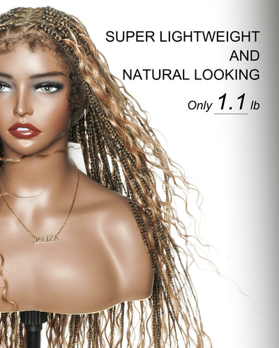 Blend Color #1B&30&27&613 HD Full Lace Knotless Human Hair Boho Curls Box Braided Wig