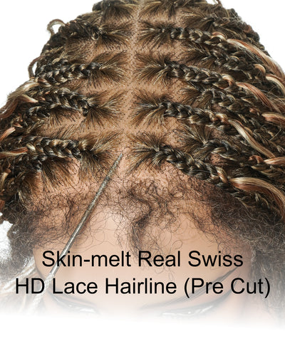 Blend Color #1B&30&27&613 HD Full Lace Knotless Human Hair Boho Curls Box Braided Wig
