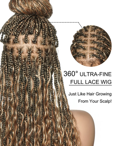 Blend Color #1B&30&27&613 HD Full Lace Knotless Human Hair Boho Curls Box Braided Wig