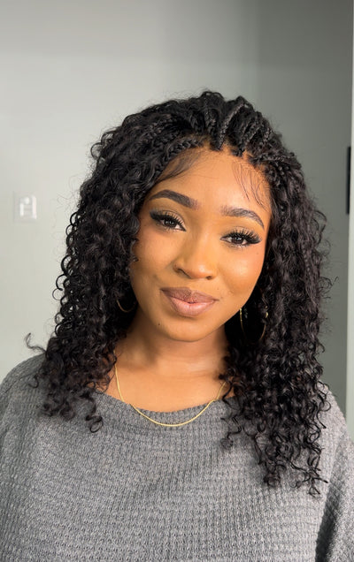 Nami - Drawstring Cap Glueless Water Wave Human Hair Curls Pre Bleached Swiss HD Full Lace Knotless Boho Box Braided Wig