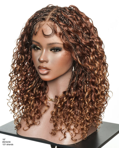 18" Copper Cocoa Color #4/30 with #33 Highlight Glueless Pre Bleached Swiss HD Full Lace Boho Box Braided Wig
