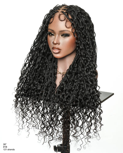 Nami - Drawstring Cap Glueless Water Wave Human Hair Curls Pre Bleached Swiss HD Full Lace Knotless Boho Box Braided Wig