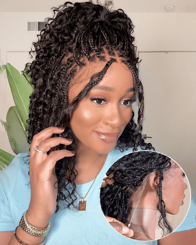 Nami - Drawstring Cap Water Wave Human Hair Curls Pre Bleached Swiss HD Full Lace Knotless Boho Box Braided Wig