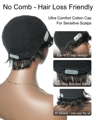 Glueless 100% Human Hair Short Wig Pixie Cut Ultra Comfort For Sensitive Scalps