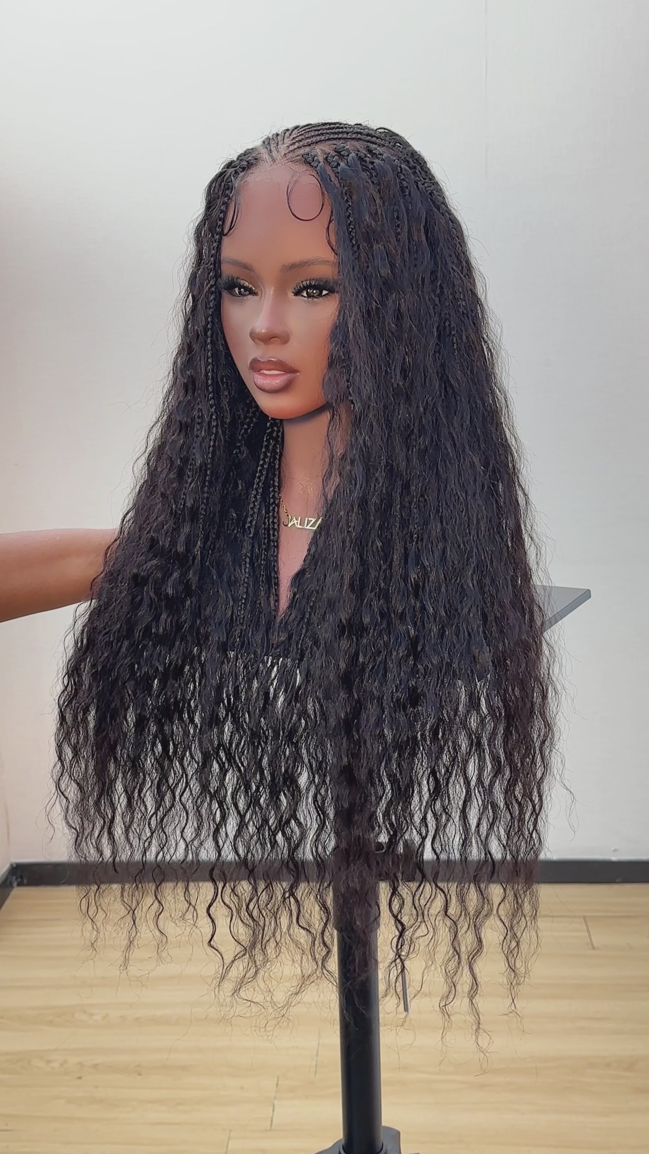 Avery - Fulani 2 Steps Pre Bleached Full lace Cornrow Human Hair Curls Boho Box Braided Wig