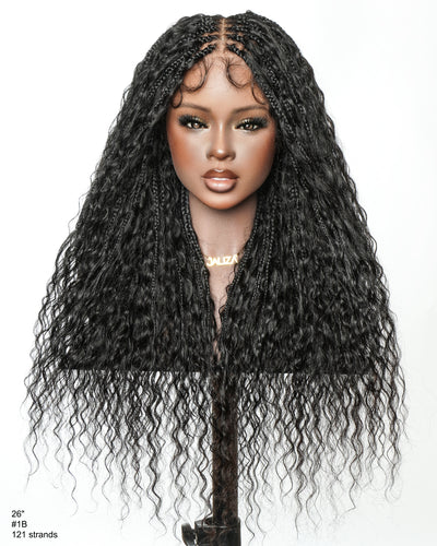 Raina - 22" Bora Bora Human Hair Wet & Wavy Curls Pre Bleached Swiss HD Full Lace Boho Braided Wig