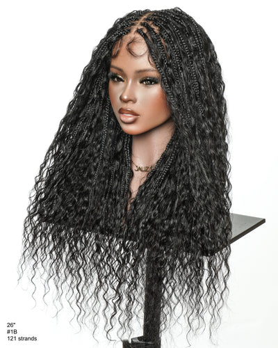 Raina - 22" Bora Bora Human Hair Wet & Wavy Curls Pre Bleached Swiss HD Full Lace Boho Braided Wig
