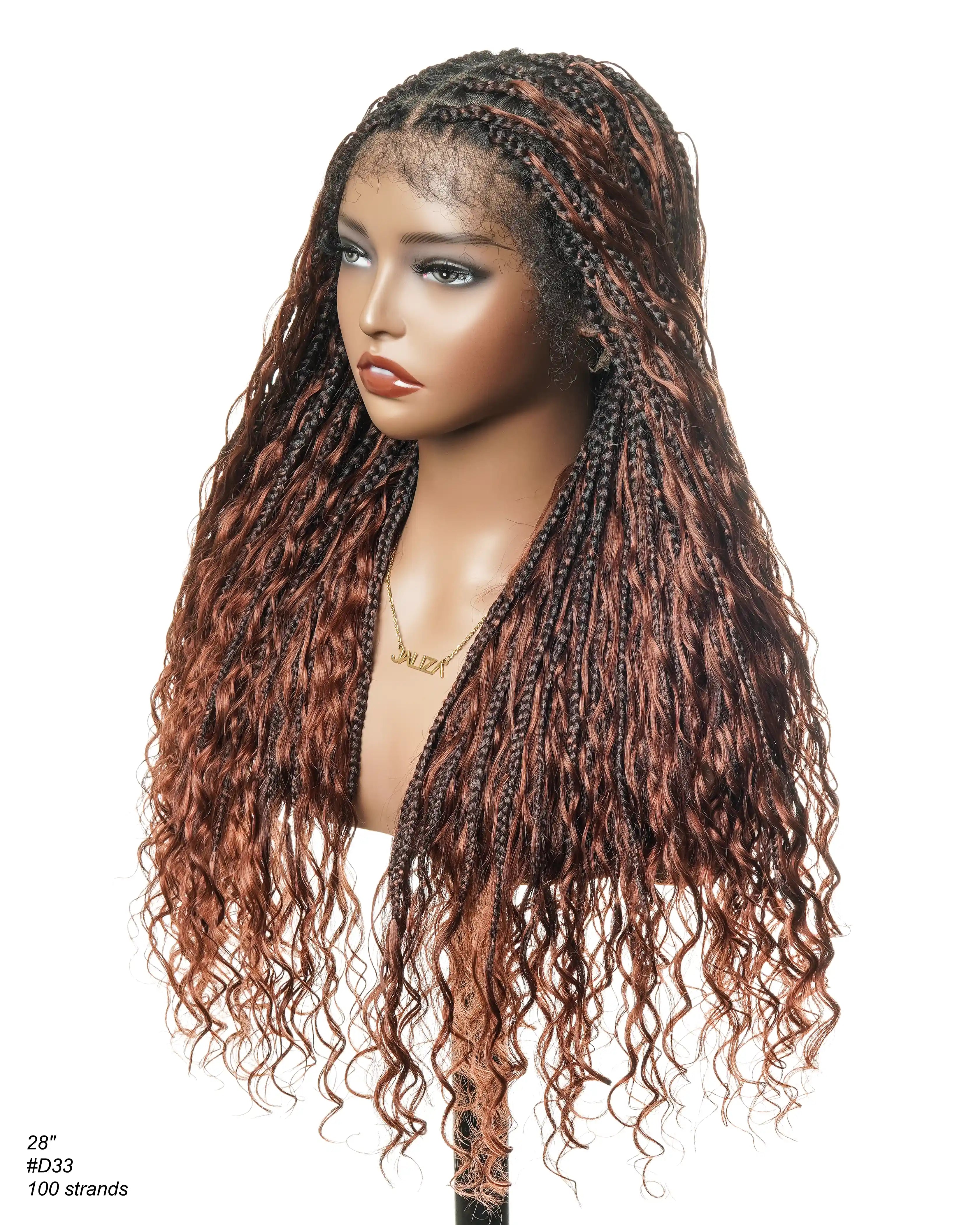 Ultra Full 28" Human Hair Dark Auburn Brown #33 Culrs HD Full Lace Knotless Boho Box Braided Wig