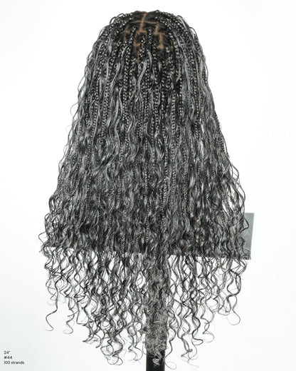Salt & Pepper 24" HD Full Lace Boho Braided Wig with Deep Wave Human Hair & Synthetic Blend Curls #44 Base