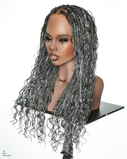 Salt & Pepper 24" HD Full Lace Boho Braided Wig with Deep Wave Human Hair & Synthetic Blend Curls #44 Base