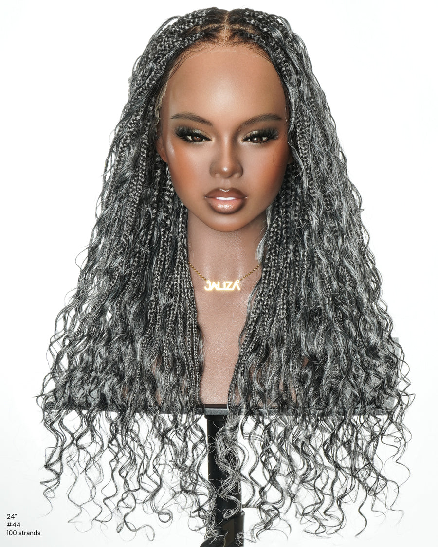 Salt & Pepper 24" HD Full Lace Boho Braided Wig with Deep Wave Human Hair & Synthetic Blend Curls #44 Base