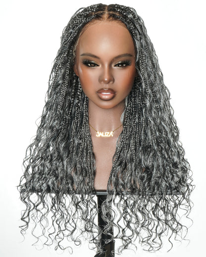 Salt & Pepper 24" HD Full Lace Boho Braided Wig with Deep Wave Human Hair & Synthetic Blend Curls #44 Base