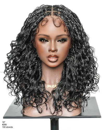 16" Salt & Pepper Deep Wave Curls Glueless HD Full Lace Boho Box Braided Wig – Human Hair & Synthetic Blend