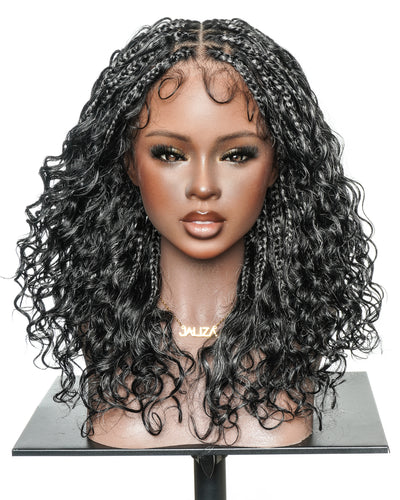 16" Salt & Pepper Deep Wave Curls Glueless HD Full Lace Boho Box Braided Wig – Human Hair & Synthetic Blend
