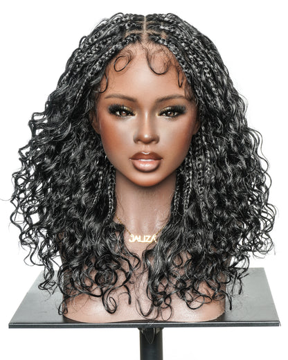 16" Salt & Pepper Deep Wave Curls HD Full Lace Boho Box Braided Wig – Human Hair & Synthetic Blend