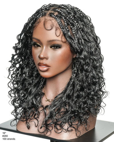 16" Salt & Pepper Deep Wave Curls Glueless HD Full Lace Boho Box Braided Wig – Human Hair & Synthetic Blend