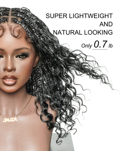 16" Salt & Pepper Deep Wave Curls Glueless HD Full Lace Boho Box Braided Wig – Human Hair & Synthetic Blend