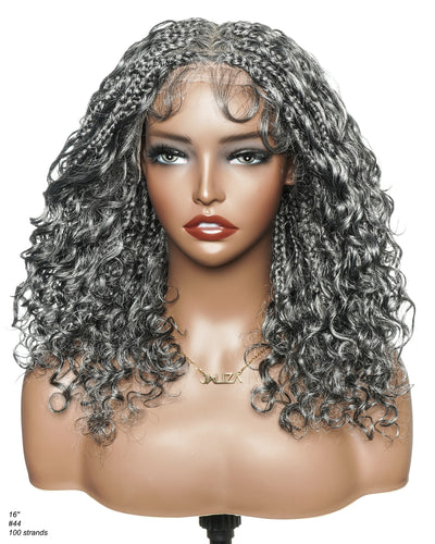 16" Salt & Pepper Deep Wave Curls Glueless HD Full Lace Boho Box Braided Wig – Human Hair & Synthetic Blend