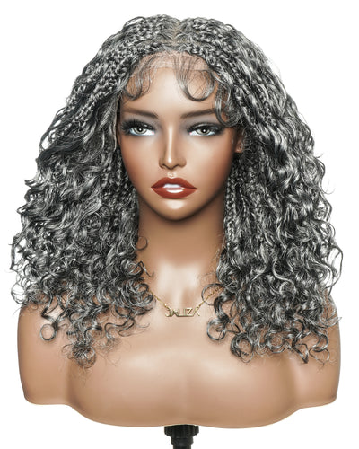 16" Salt & Pepper Deep Wave Curls Glueless HD Full Lace Boho Box Braided Wig – Human Hair & Synthetic Blend