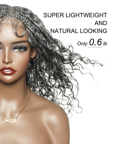 16" Salt & Pepper Deep Wave Curls Glueless HD Full Lace Boho Box Braided Wig – Human Hair & Synthetic Blend