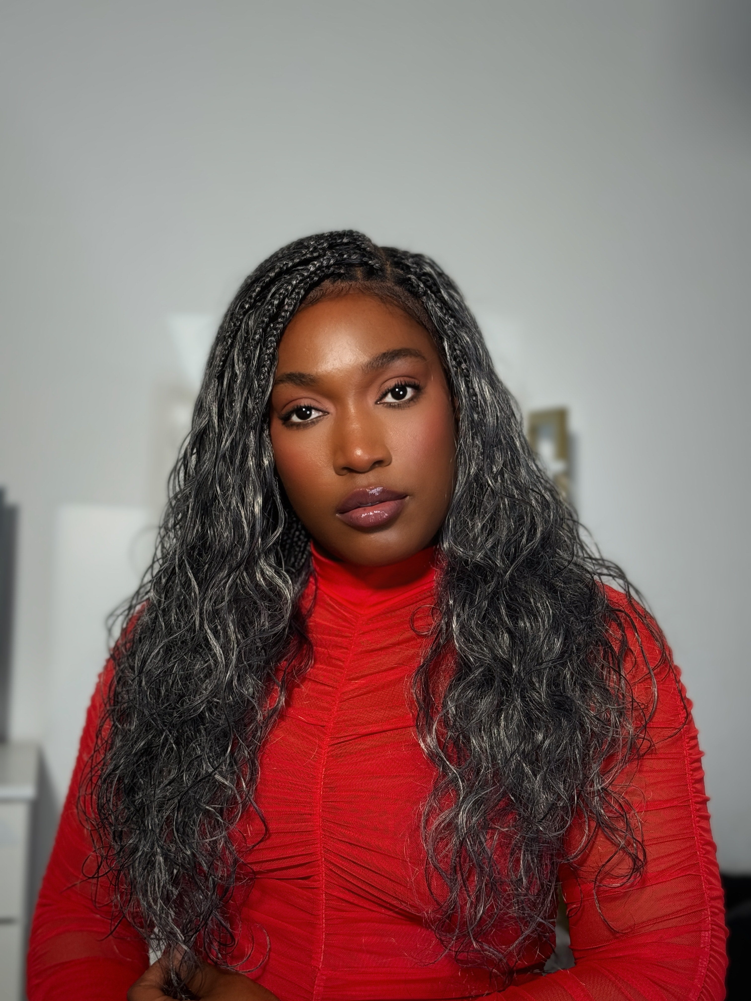 Michelle Salt & Pepper Glueless Swiss HD Full Lace Boho Braided Wig - Human Hair & Synthetic Blend Curls 1B Base