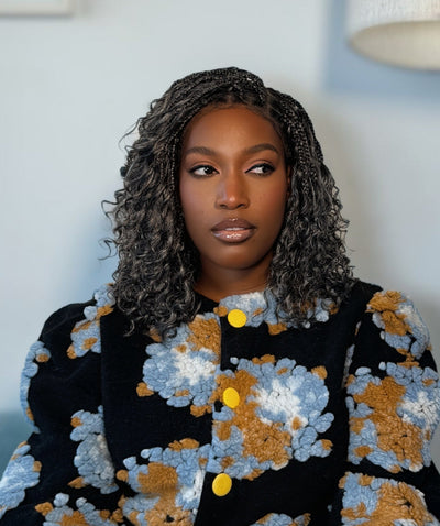 Kiki - Salt & Pepper 16" Swiss HD Full Lace Lightweight Boho Braided Wig (Human Hair & Synthetic Blend Curls)