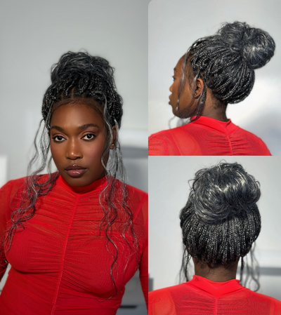 Michelle Salt & Pepper Glueless Swiss HD Full Lace Boho Braided Wig - Human Hair & Synthetic Blend Curls 1B Base
