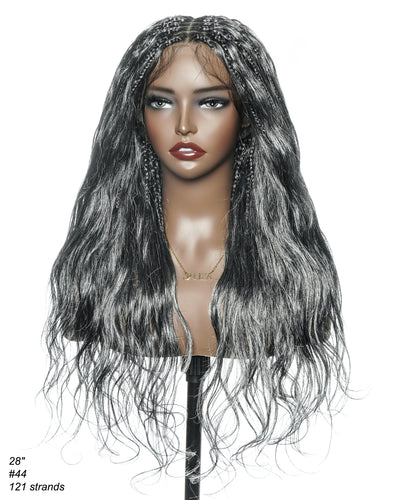 Michelle Salt & Pepper Glueless Swiss HD Full Lace Boho Braided Wig - Human Hair & Synthetic Blend Curls 1B Base