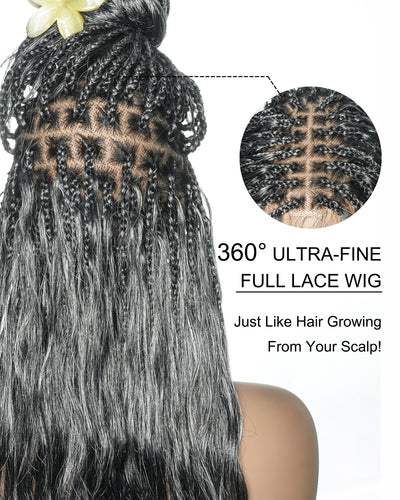 Michelle Salt & Pepper Glueless Swiss HD Full Lace Boho Braided Wig - Human Hair & Synthetic Blend Curls 1B Base