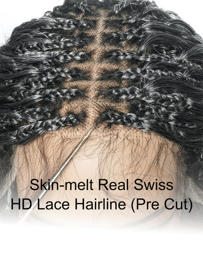 16" Salt & Pepper Deep Wave Curls Glueless HD Full Lace Boho Box Braided Wig – Human Hair & Synthetic Blend