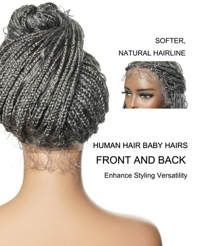 Salt & Pepper 24" HD Full Lace Boho Braided Wig with Deep Wave Human Hair & Synthetic Blend Curls #44 Base