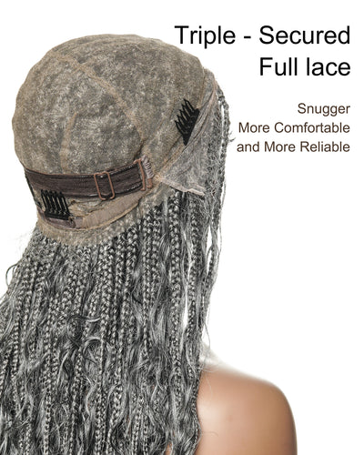 16" Salt & Pepper Deep Wave Curls Glueless HD Full Lace Boho Box Braided Wig – Human Hair & Synthetic Blend