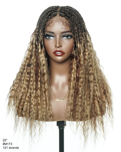 22" Mix Color #1B 4 27 Human Hair Curly Ends Pre Bleached HD Full Lace Knotless Box Braided Wig