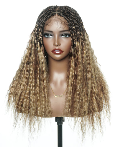 22" Mix Color #1B 4 27 Human Hair Curly Ends Pre Bleached HD Full Lace Knotless Box Braided Wig