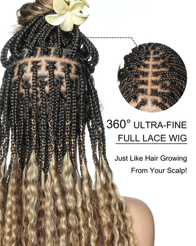 22" Mix Color #1B 4 27 Human Hair Curly Ends Pre Bleached HD Full Lace Knotless Box Braided Wig