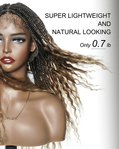 22" Mix Color #1B 4 27 Human Hair Curly Ends Pre Bleached HD Full Lace Knotless Box Braided Wig