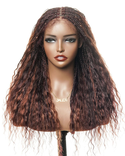 24" Mix Color Burgundy 99J & 33 Reddish Brown Super Style Human Hair Wet & Wavy Curls Swiss HD Full Lace Boho Box Braided Wig 121 Strands