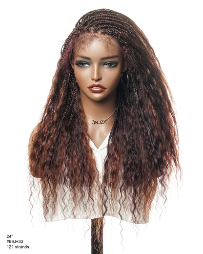24" Mix Color Burgundy 99J & 33 Reddish Brown Super Style Human Hair Wet & Wavy Curls HD Full Lace Boho Box Braided Wig 121 Strands